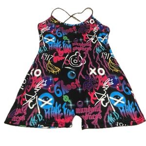 Graffiti Spaghetti Strap Racerback Romper Shorts Size L